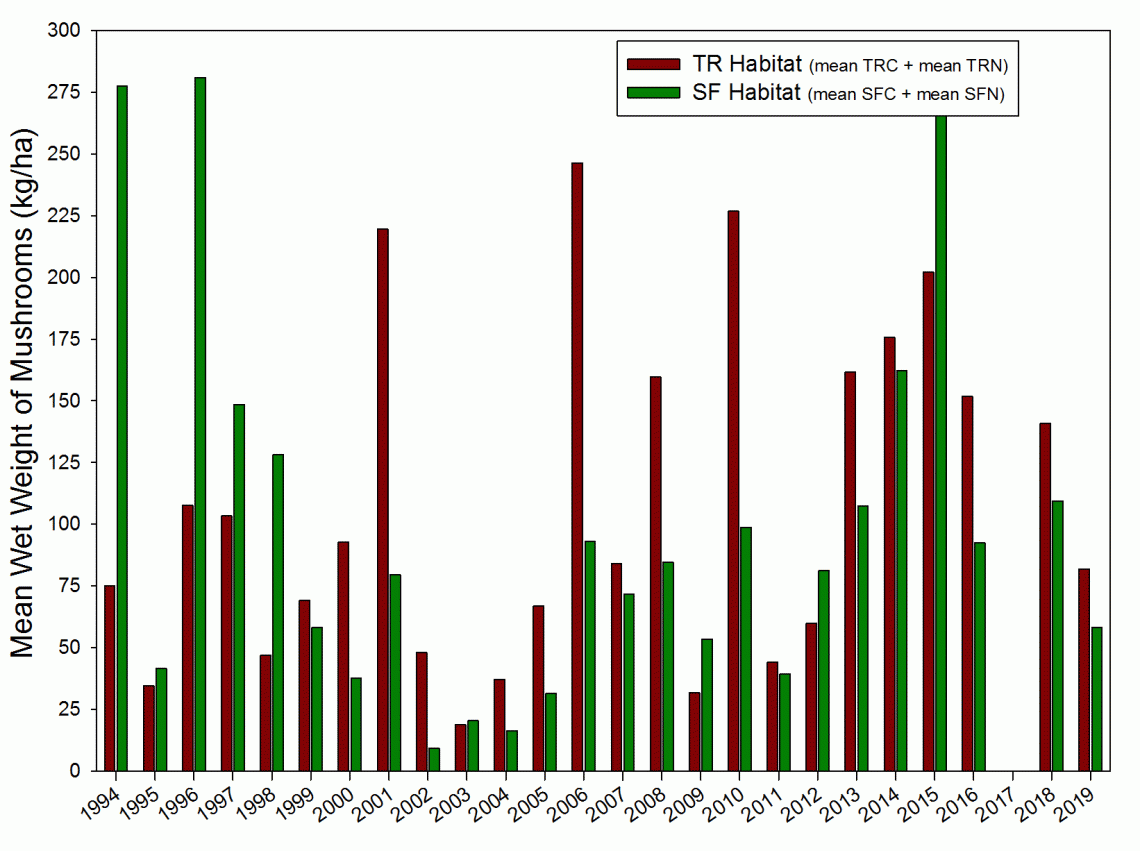 Mushroom crops by habitat, 1994 - 2019